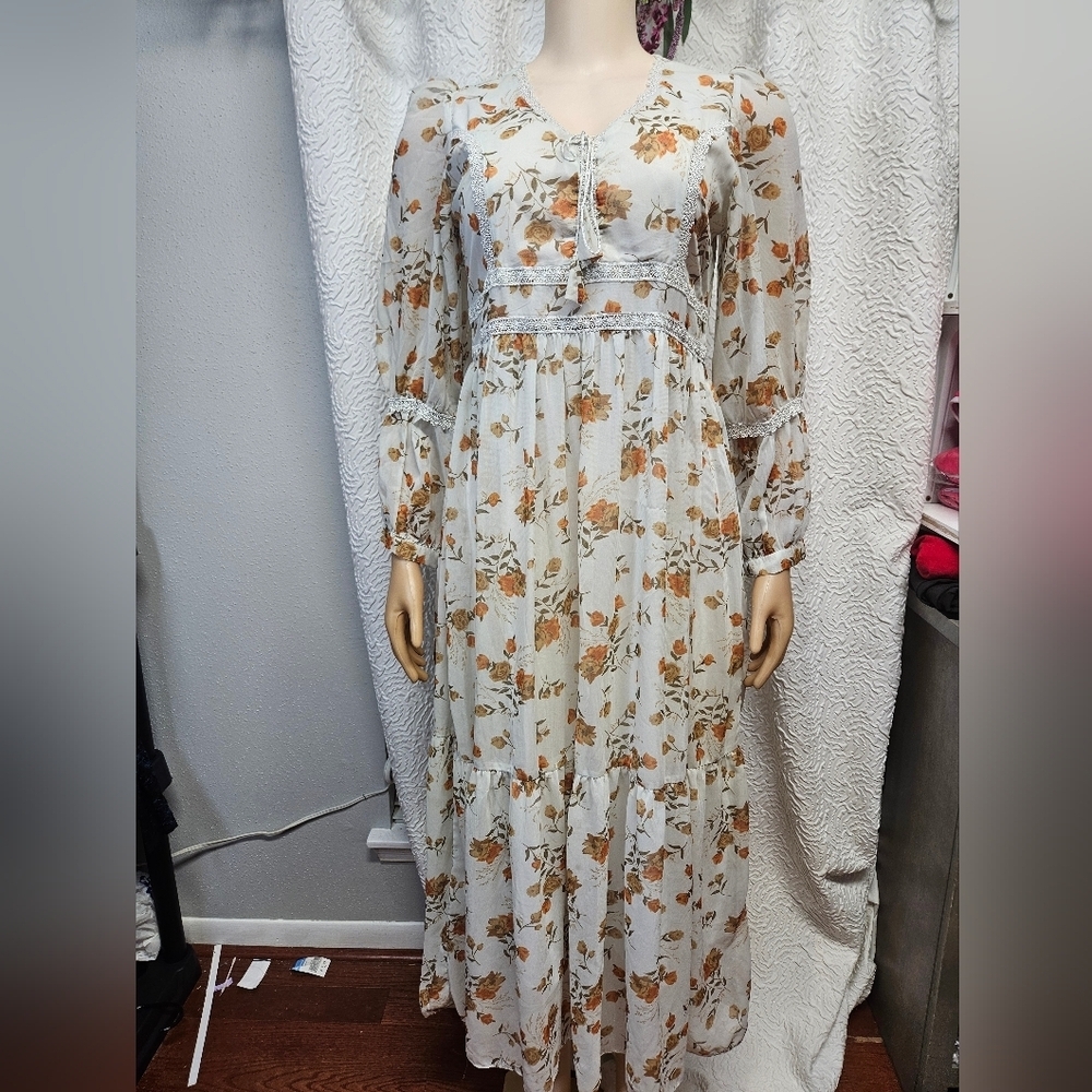 White and Brown Long Sleeve Sundress with Bishop Sleeves
